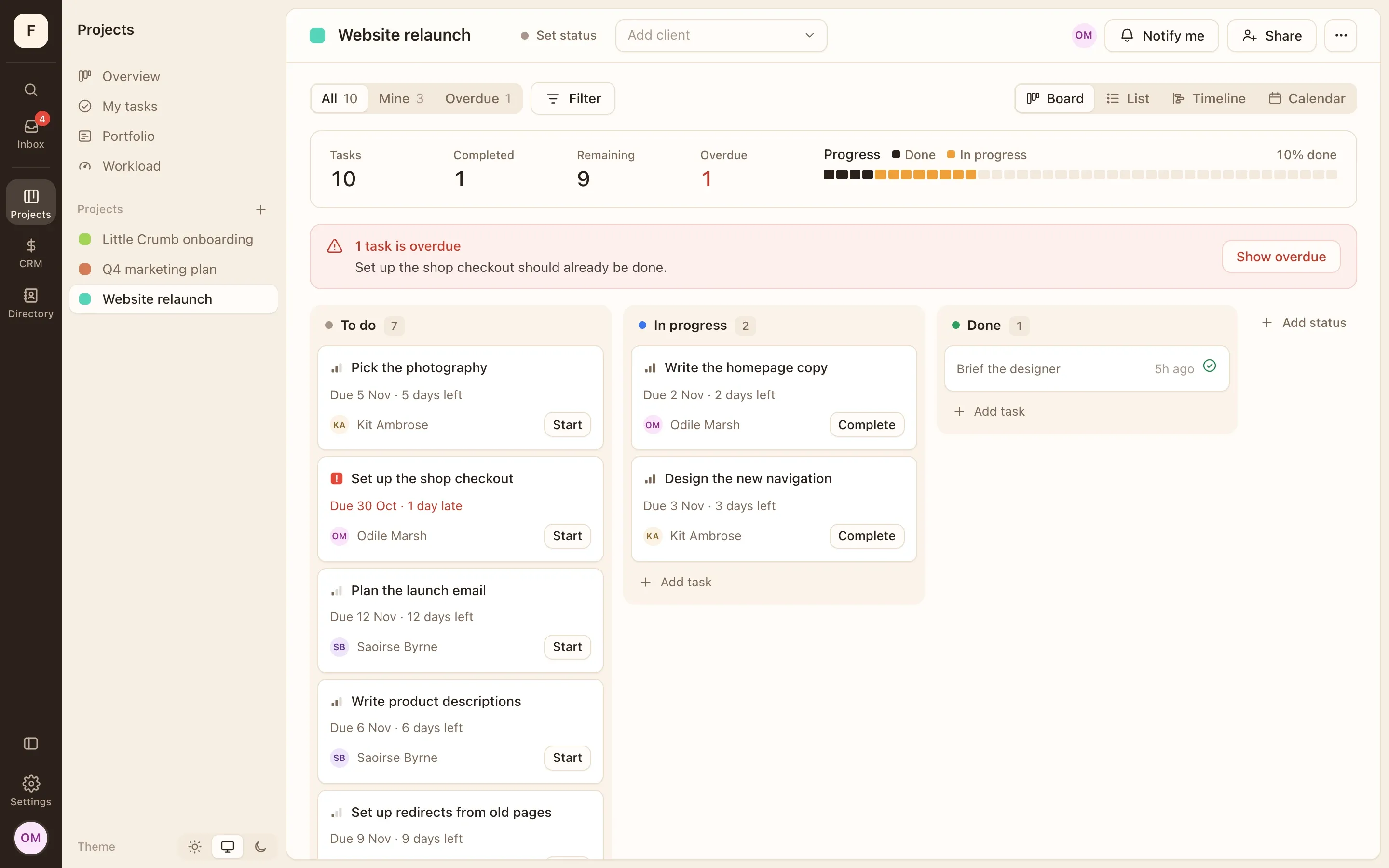 A project board in Mavatu, with tasks in To do, In progress and Done
